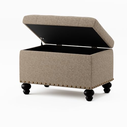 Small Ottoman with Storage, Upholstered Button Tufted Ottoman Foot Rest, Foot Stools, 24" Rectangle Bench with Storage for Living Room, Bedroom, Dorms and Apartments (Brown)