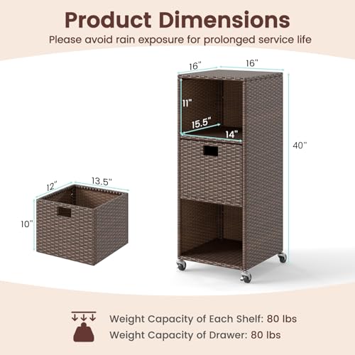 Wicker Outdoor Storage Cabinet - Rattan Pool Towel Rack on Wheels w/Shelves and Drawer, Tall Patio Furniture Outside Caddy Organizer for Porch Deck, Garden Tool & Hot Tub Accessory Storage