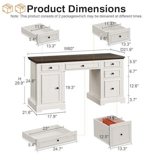60" Farmhouse Executive Desk with Drawers and Cabinet, view 3