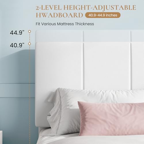 Velvet Platform Bed with Tufted Headboard, White, view 6