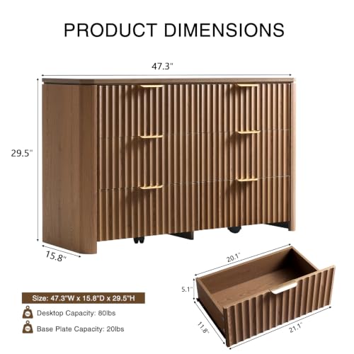 Fluted 6 Drawers Dresser for Bedroom-47.3" Wide Wooden Chest of Drawers, view 3