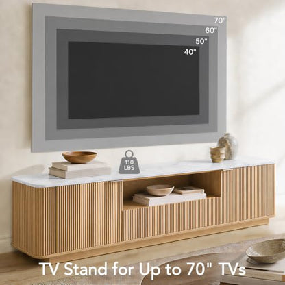 70" Mid-Century Modern Fluted TV Stand, 2 Drawer, Cabinet, Oak, view 5