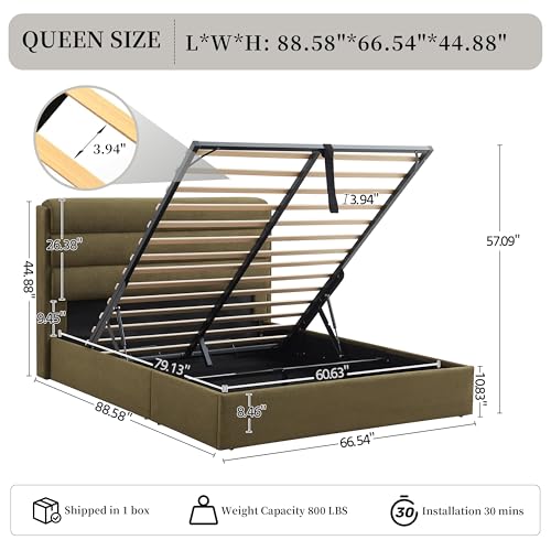 Queen Size Lift Up Storage Bed with Linen Headboard, Green, view 5