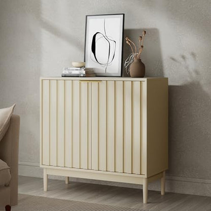 Fluted Cabinet with Storage, Buffet Cabinet Sideboard with 2 Doors, Beige Buffet Storage Accent Cabinets with Adjustable Shelves for Living Room, Entry, Hallway, Kitchen