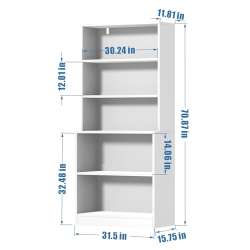 71" Tall Book Shelf, 5 Tier Large Bookshelf, Standing Wood Display Shelf for Living Room, Office, 31.5" W x 70.87" H x 15.7" D, White