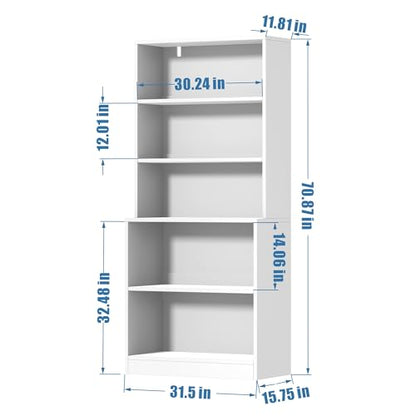 71" Tall Book Shelf, 5 Tier Large Bookshelf, Standing Wood Display Shelf for Living Room, Office, 31.5" W x 70.87" H x 15.7" D, White