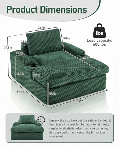 59.8" Chaise Lounge Chair Indoor,20.1" Deep Seat, Green, view 3