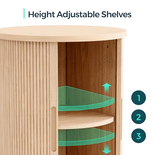 Round Fluted End Table, Tall Side Table with Sliding Tambour Door and Storage Shelf, Modern Bedside Table, Mid-Century Nightstand for Living Room, Bedroom, Oak