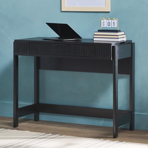 Transitional Style Furniture, Reeded Detail, Lift-Top Desk with Drawer and Storage Cubby, Sitting to Standing Desk, Soft Self-Close Desktop, 38 Inch, Black