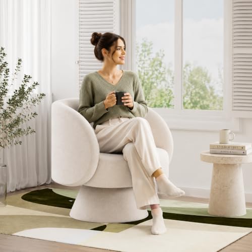 Swivel Barrel Chair 360 Degree Swivel Accent Chair with Armrest, Comfy Small Round Sherpa Swivel Vanity Chairs with Pillow for Living Room, Bedroom,Office (Beige White, Linen)