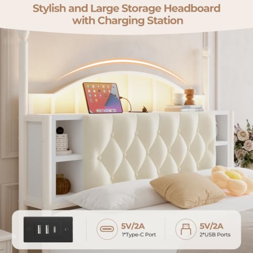 Full Size Upholstered LED Canopy Bed Frame with 2 Drawers and & Charging Station, view 5