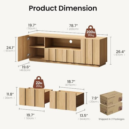 78.7-Inch Fluted TV Stand with Storage for 80-Inch TVs, Natural, view 3