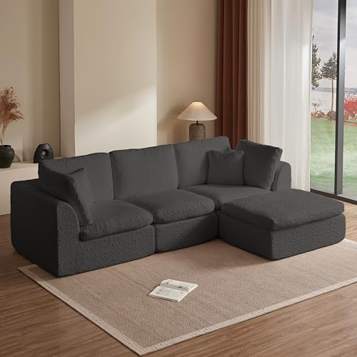 110" Cloud Sectional Couches for Living Room, Convertible L Shape Couch with Ottoman, 3 Seater Modular Sectional Sofa, Gray