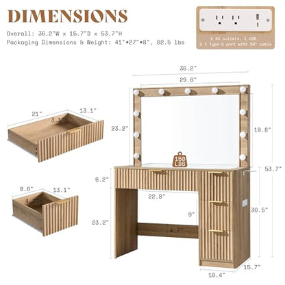 36.2" Fluted Vanity Desk with Large Mirror and Lights, Natural Oak, view 3