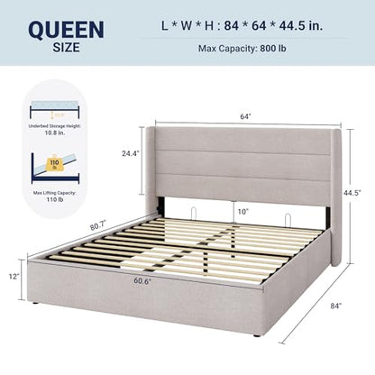 Queen Size Lift Up Storage Bed, Modern Wingback Headboard, Hydraulic Support, No Box Spring Needed, Light Beige