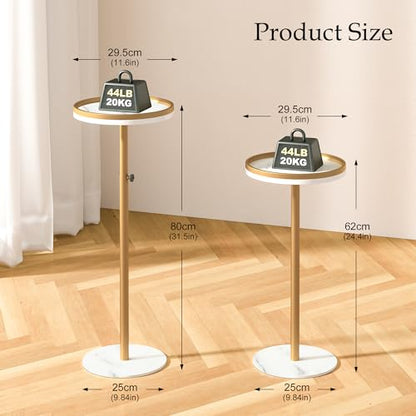 Height Adjustable Small Drink Table for Small Spaces,Martini Table, Weighted Base Pedestal Table for Living Room, Bedroom, Bathroom,Gold
