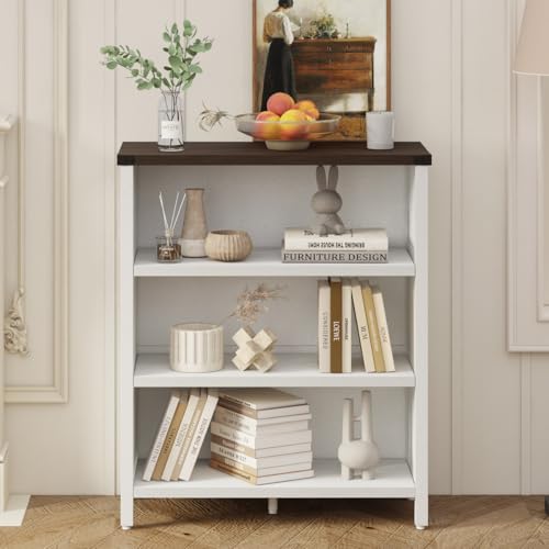 Farmhouse 3 Tier Bookshelf, Wood Bookcase, White Oak & Walnut, view 6