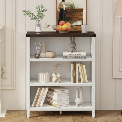 Farmhouse 3 Tier Bookshelf, Wood Bookcase, White Oak & Walnut, view 6