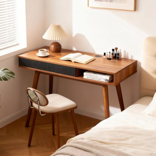 Walnut Wood Desk with Drawer, 42.5" Mid Century Modern Writing Desk, view 4