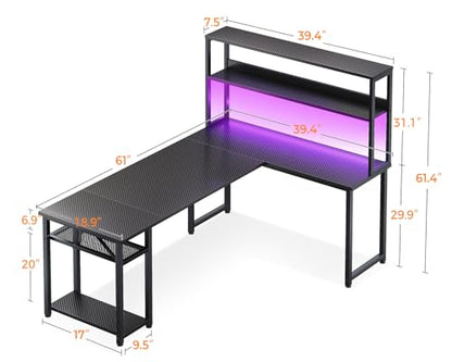 61" L Shaped Gaming Desk with Hutch & Headphone Hook, Corner Computer Table with Storage Shelves for Home Office, Black
