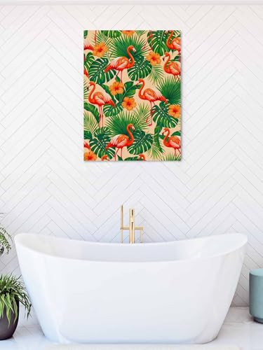 NuYeBiofx Summer Beach Pink Flamingo Canvas Wall Art Prints,48"x32" Framed Picture Artwork Green Tropical Leaves Printed Canvas Oil Painting for Living Room Bedroom Office,Ready to Hang
