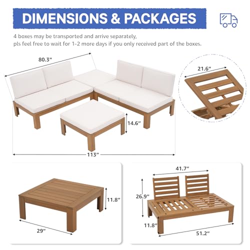 4 Piece Acacia Wood Patio Furniture Outdoor Sectional Sofa Set with Adjustable Armrest, FSC Certified L-Shaped Patio Set w/2-in-1 Coffee Table, Cream White Cushions for Garden