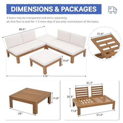 4 Piece Acacia Wood Patio Furniture Outdoor Sectional Sofa Set with Adjustable Armrest, FSC Certified L-Shaped Patio Set w/2-in-1 Coffee Table, Cream White Cushions for Garden