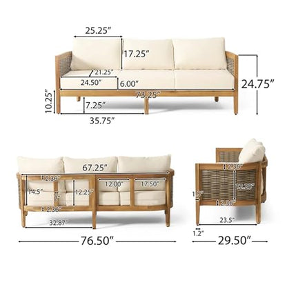 76.5" Outdoor Acacia Wood Wicker 3 Seater Sofa, Patio Furniture Couch for Backyard