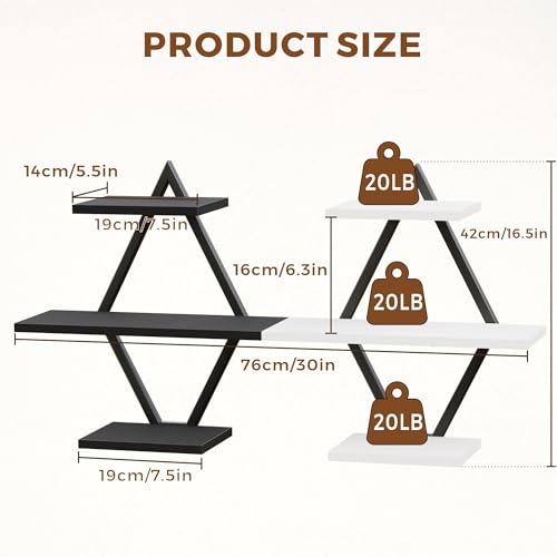 Floating Wall Shelves, Set of 2, Black & White | 3-Tier Hanging, Wall Mounted, Sturdy & Durable, For Bathroom, Living Room, Bedroom, Kitchen, Office