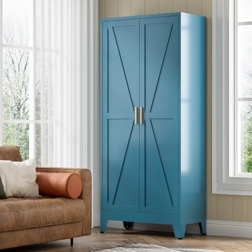 Home Farmhouse Storage Cabinet with Barn Door, Tall Kitchen Pantry Cupboard with Adjustable Shelves, for Dining Room, Bathroom, Living Room Blue.