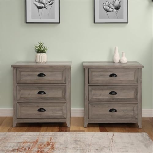 Hazel 2-Piece Modern Farmhouse 3 Drawer Framed Nightstand with Half-Moon Handles Set of 2 Grey Wash