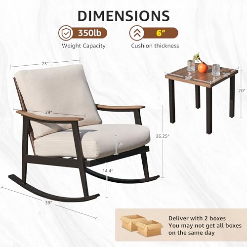 Rocking Bistro Set,3 Piece Wicker Patio Furniture Set with 2 Outdoor Rocker Chairs,Rattan Back,Aluminum Wood-like Armrest,Sturdy Metal Frame,6" Soft Cushions for Porch,Balcony,Yard