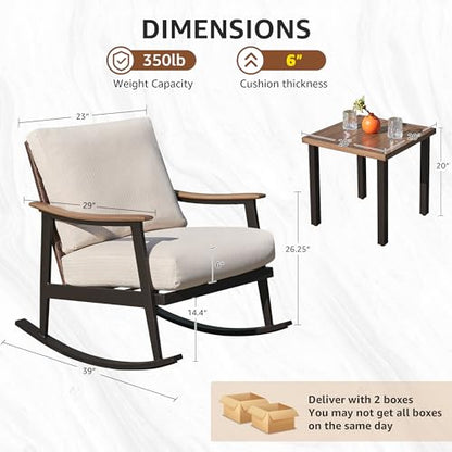 Rocking Bistro Set,3 Piece Wicker Patio Furniture Set with 2 Outdoor Rocker Chairs,Rattan Back,Aluminum Wood-like Armrest,Sturdy Metal Frame,6" Soft Cushions for Porch,Balcony,Yard