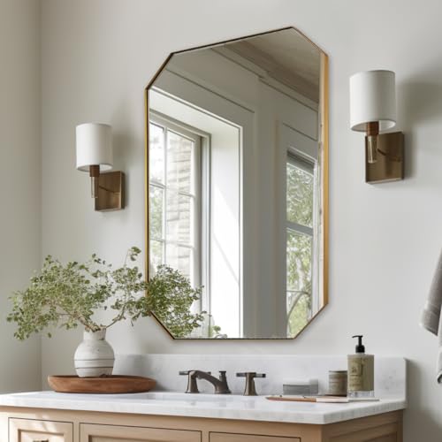 Gold Octagon Bathroom Mirror, 24x36 Inch Stainless Steel Metal Frame, Anti-Rust, Shatterproof HD Glass, Wall Mounted for Bathroom, Bedroom, Living Room
