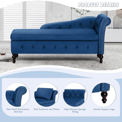 Velvet Chaise Lounge w/Right Armrest & Storage Space, Blue, view 4