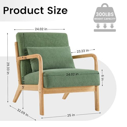 Mid Century Modern Accent Chair with Lumbar Pillow, Upholstered Chair for Living Room, Accent Chair with Solid Wood Frame Reading Chair Armchair for Bedroom Small Spaces, Green