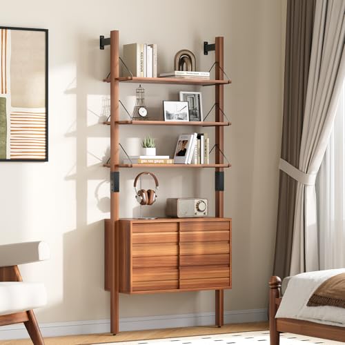 6 Tier Ladder Bookshelf with Storage Cabinet for Living Room,Cherry, view 5