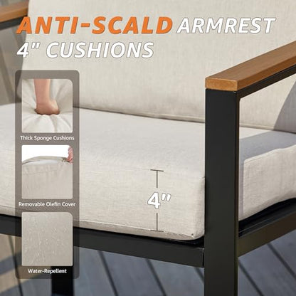 4 Pieces Patio Furniture Sets,Metal Outdoor Patio Furniture Sets,Outdoor Sectional Patio Conversation Set,Wooden Anti-Scald Armrest,Sling Mesh,4" Olefin Cushions