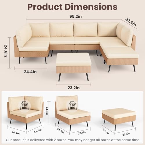 8-Piece Wicker Outdoor Furniture Set, All-Weather Patio Conversation Set with Thick Cushions & 2 Multi-Use Ottomans, Sectional Sofa Patio Furniture Set for Backyard, Porch, Beige