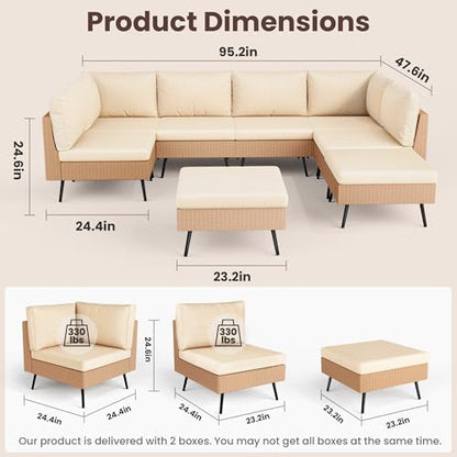 8-Piece Wicker Outdoor Furniture Set, All-Weather Patio Conversation Set with Thick Cushions & 2 Multi-Use Ottomans, Sectional Sofa Patio Furniture Set for Backyard, Porch, Beige