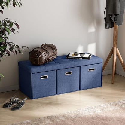 40 Inch Storage Ottoman with 3 Drawers, Tufted Linen, Navy Blue | Foldable Large Bench Design; Foot Rest Stool Seat; Ideal for Living Room, Bedroom or Entryway