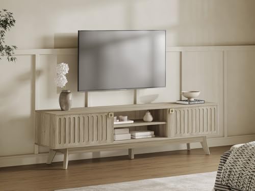 Modern TV Stand for 65/75/80 Inch TV, Long 70" TV Stand Entertainment Center with 2 Storage Cabinets, Fluted-Door Media TV Console Credenza Table for Living Room, Hallway, Light Oak