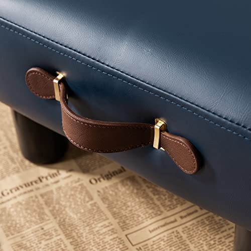 Small Foot Stool with Handle, Blue PU Leather Short Foot Stool Rest, Rectangle Storage Foot Stools Ottoman with Plastic Legs, Padded Footstool Small Step Stool for Living Room, Office, Desk, Patio