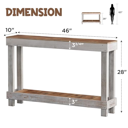46-Inch Long Console Table, Farmhouse Console Sofa Table, Solid Wood Entryway Table for Hallway, Living Room, Entrance, 2 Tiers, Easy Assembly, Classic White