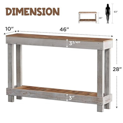 46-Inch Long Console Table, Farmhouse Console Sofa Table, Solid Wood Entryway Table for Hallway, Living Room, Entrance, 2 Tiers, Easy Assembly, Classic White