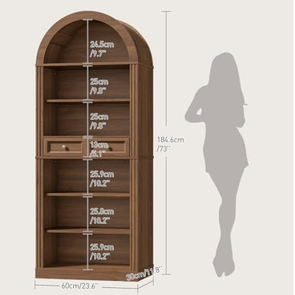 Arched Bookshelf, 73" Tall Arch Bookcase with Drawer, view 3