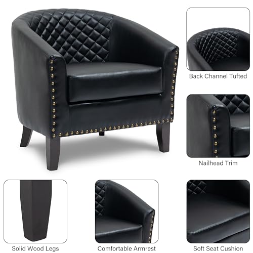 Faux Leather Barrel Accent Chairs Set of 4, Modern Club Arm Chair Comfy Upholstered Single Sofa Chair with Solid Wood Legs and Nailhead Trim for Living Room/Reading Room, Black