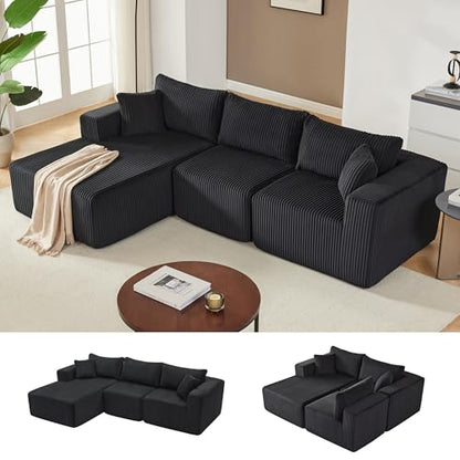 97" Boneless Couches for Living Room, Cloud Couch Sectional with Deep Seat, Comfy Couch with L-Shaped Chaise, Minimalist Upholstered Modular Sectional Sofa, No Assembly Required (Corduroy,Black)