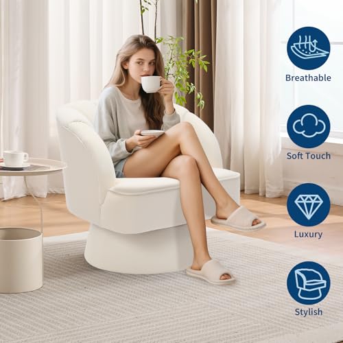 Modern Swivel Barrel Accent Chair, 360 Degree Velvet Upholstered Armchair with Striped Backrest & Plush Padding, Comfy Round Lounge Chair for Living Room, Bedroom, Reading Nook, Beige
