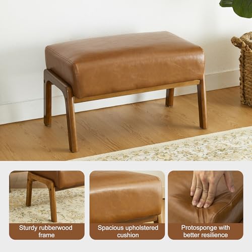 15.5"(H) Footrest Stool, Leatherette Ottoman, Accent Padded Sofa Foot Stool for Accent Chair, Wood Frame Foot Rest Ottoman for Living Room, Bedroom, Yellowish-Brown